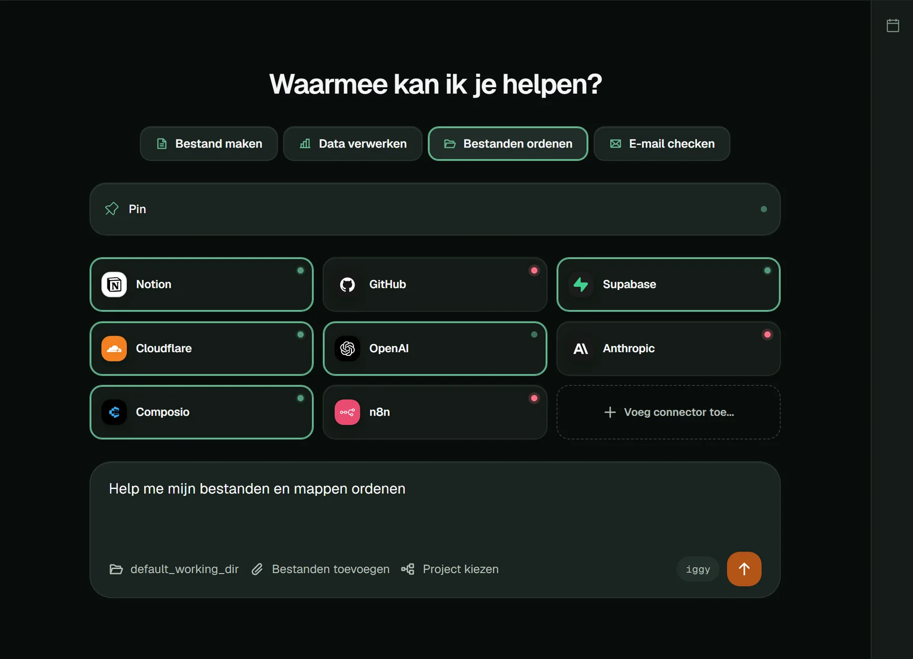 Schermweergave van de Komodo-app: connectors zoals Notion, GitHub, Supabase en OpenAI naast een chatvenster